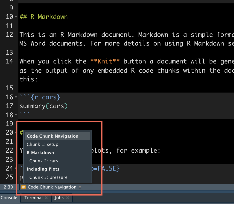Code chunk navigation window in the bottom left-hand side of the RStudio code pane