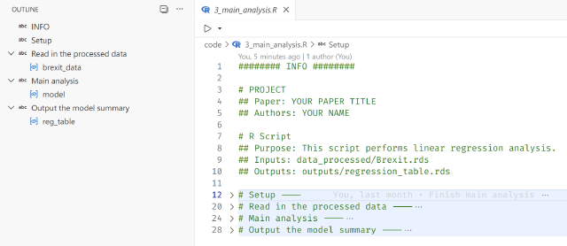 Diagram of a structured reproducible research project layout with folders for data, code, and manuscript